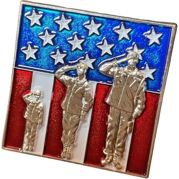Saluting Soldiers American Flag Enamel Pin Square Patriotic Collectible #2 - Picture 1 of 3